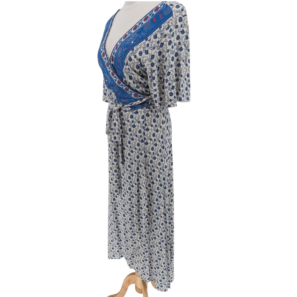 Lucky Brand Border Print Wrap Midi Dress M Blue Floral Boho Chic Cottage Prairie - Picture 5 of 16